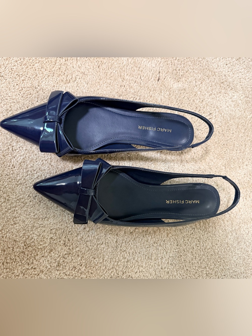Marc Fisher Navy Patent Pointed-Toe Slingback Flats with Bow